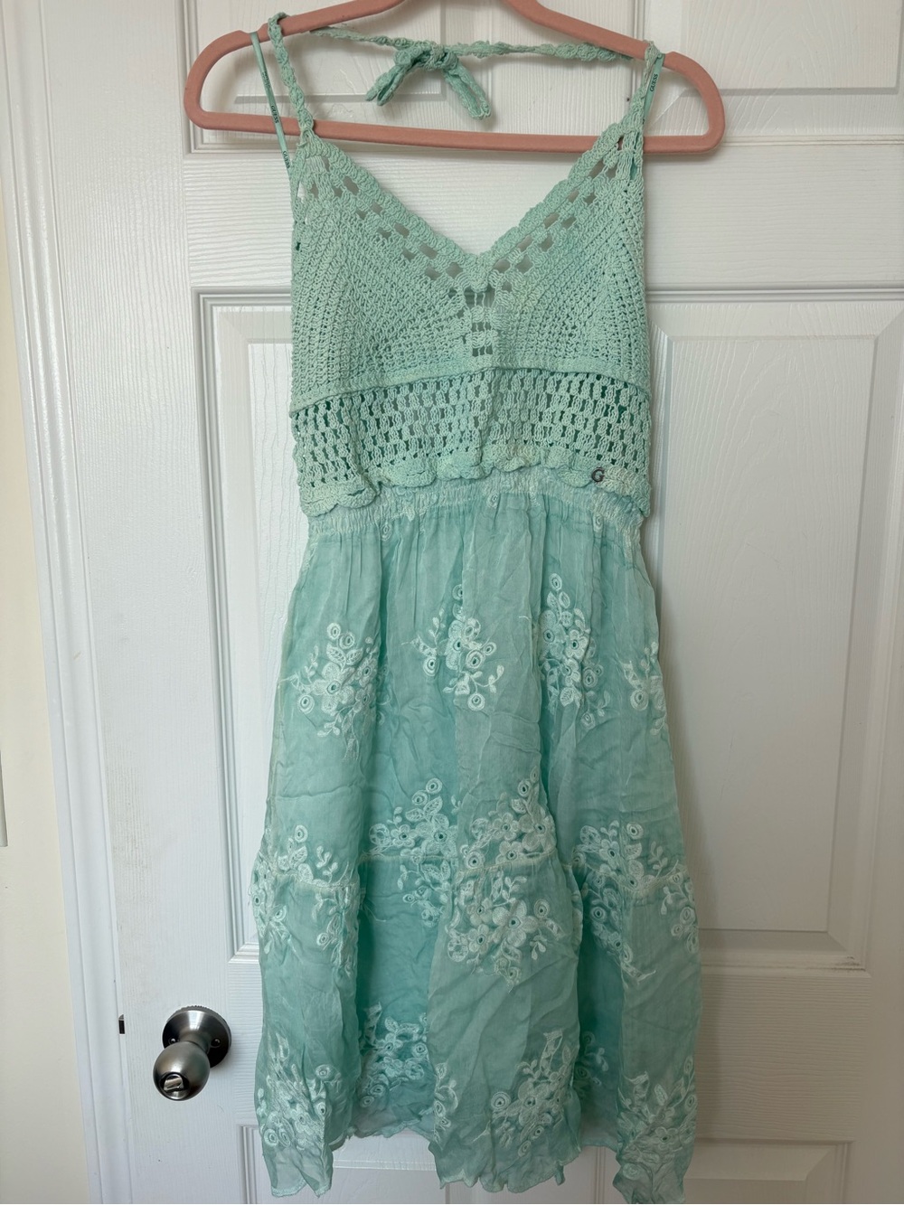GUESS Mint Crochet Embroidered Halter Dress